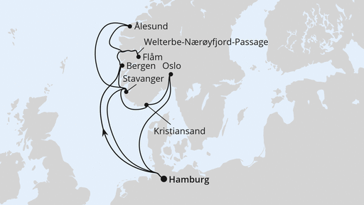 Routenverlauf für Große Norwegen-Reise ab Hamburg mit AIDAnova am 10.04.27 Routenverlauf für Große Norwegen-Reise ab Hamburg mit AIDAnova am 10.04.27