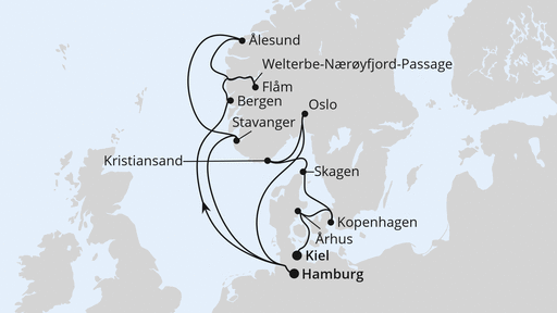 Routenverlauf für Große Skandinavien-Reise von Hamburg nach Kiel 1 mit AIDAnova am 01.05.27 Routenverlauf für Große Skandinavien-Reise von Hamburg nach Kiel 1 mit AIDAnova am 01.05.27