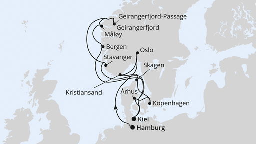 Routenverlauf für Große Skandinavien-Reise von Hamburg nach Kiel 2 mit AIDAnova am 08.05.27 Routenverlauf für Große Skandinavien-Reise von Hamburg nach Kiel 2 mit AIDAnova am 08.05.27