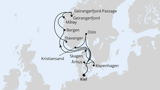 Routenverlauf für Große Skandinavien-Reise ab Kiel mit AIDAnova am 15.05.27 Routenverlauf für Große Skandinavien-Reise ab Kiel mit AIDAnova am 15.05.27