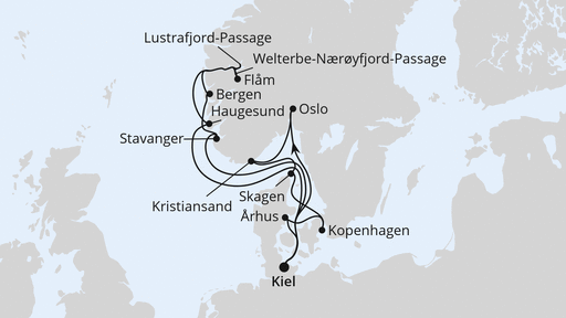 Routenverlauf für Große Skandinavien-Reise ab Kiel mit AIDAnova am 05.06.27