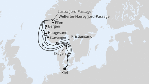 Routenverlauf für Große Norwegen-Reise ab Kiel mit AIDAnova am 12.06.27 Routenverlauf für Große Norwegen-Reise ab Kiel mit AIDAnova am 12.06.27