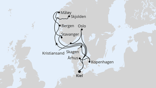 Routenverlauf für Große Skandinavien-Reise ab Kiel 1 mit AIDAnova am 10.07.27 Routenverlauf für Große Skandinavien-Reise ab Kiel 1 mit AIDAnova am 10.07.27