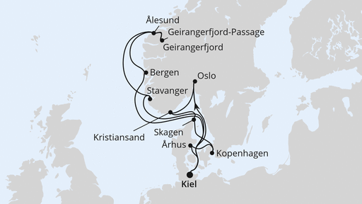 Routenverlauf für Große Skandinavien-Reise ab Kiel mit AIDAnova am 28.08.27 Routenverlauf für Große Skandinavien-Reise ab Kiel mit AIDAnova am 28.08.27