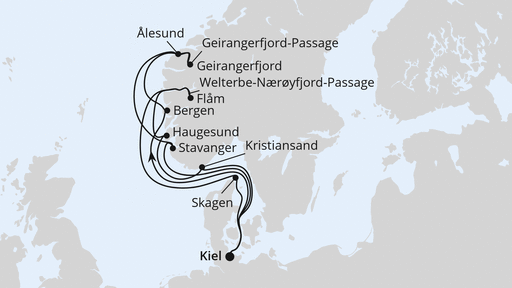 Routenverlauf für Große Norwegen-Reise ab Kiel mit AIDAnova am 04.09.27 Routenverlauf für Große Norwegen-Reise ab Kiel mit AIDAnova am 04.09.27