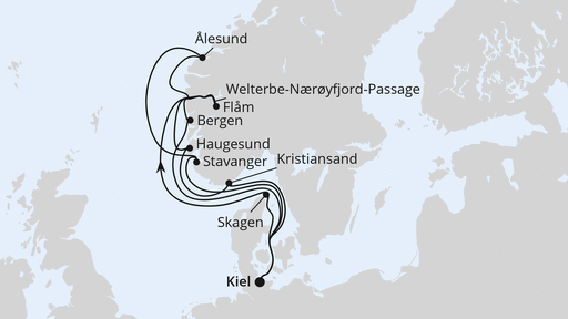 Routenverlauf für Große Norwegen-Reise ab Kiel mit AIDAnova am 11.09.27 Routenverlauf für Große Norwegen-Reise ab Kiel mit AIDAnova am 11.09.27
