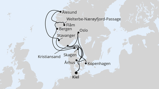 Routenverlauf für Große Skandinavien-Reise ab Kiel mit AIDAnova am 16.10.27 Routenverlauf für Große Skandinavien-Reise ab Kiel mit AIDAnova am 16.10.27