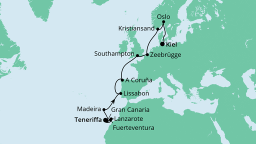 Routenverlauf für Von Teneriffa nach Kiel mit AIDAnova am 12.04.23 Routenverlauf für Von Teneriffa nach Kiel mit AIDAnova am 12.04.23