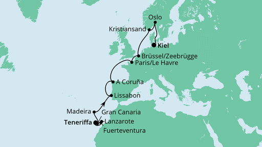 Routenverlauf für Von Teneriffa nach Kiel mit AIDAnova am 17.04.24 Routenverlauf für Von Teneriffa nach Kiel mit AIDAnova am 17.04.24