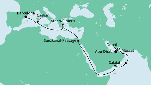 Routenverlauf für Von Abu Dhabi nach Barcelona mit AIDAnova am 07.04.22