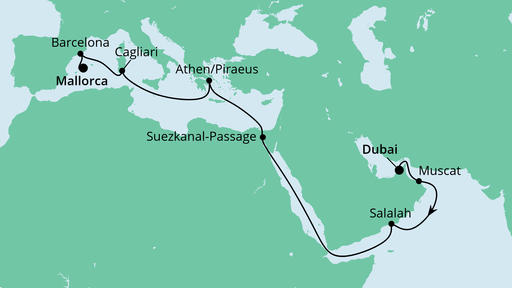 Routenverlauf für Von Dubai nach Mallorca mit AIDAnova am 08.04.22