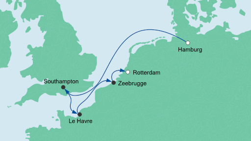 Routenverlauf für Von Hamburg nach Rotterdam mit AIDAperla am 02.05.20 Routenverlauf für Von Hamburg nach Rotterdam mit AIDAperla am 02.05.20