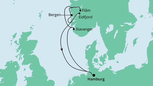 Routenverlauf für Norwegens Küste mit AIDAperla am 09.05.20