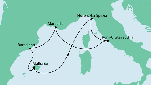 Routenverlauf für Spanische Mittelmeerküste 1 mit AIDAperla am 21.08.21