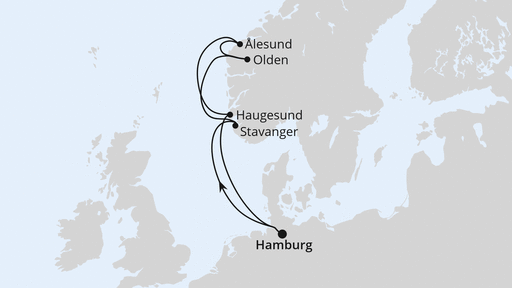 Routenverlauf für Norwegen ab Hamburg mit AIDAperla am 18.10.25 Routenverlauf für Norwegen ab Hamburg mit AIDAperla am 18.10.25