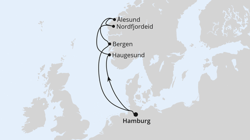 Routenverlauf für Norwegen ab Hamburg mit AIDAperla am 01.08.26 Routenverlauf für Norwegen ab Hamburg mit AIDAperla am 01.08.26