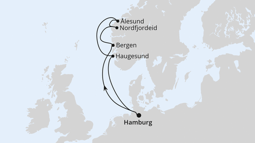Routenverlauf für Norwegen ab Hamburg mit AIDAperla am 29.08.26