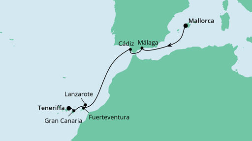 Routenverlauf für Von Mallorca nach Teneriffa mit AIDAperla am 30.10.21 Routenverlauf für Von Mallorca nach Teneriffa mit AIDAperla am 30.10.21