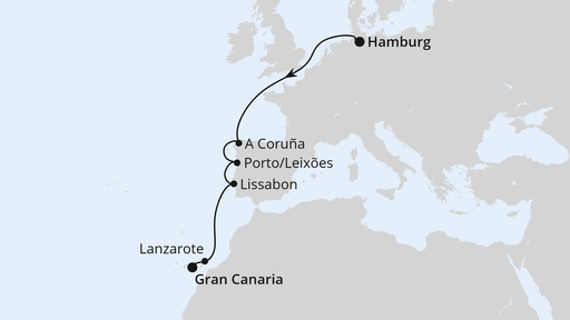 Routenverlauf für Von Hamburg nach Gran Canaria mit AIDAperla am 25.10.25 Routenverlauf für Von Hamburg nach Gran Canaria mit AIDAperla am 25.10.25