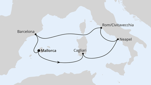 Routenverlauf für Mediterrane Schätze mit Neapel ab Mallorca mit AIDAperla am 27.04.27 Routenverlauf für Mediterrane Schätze mit Neapel ab Mallorca mit AIDAperla am 27.04.27