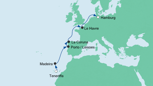 Routenverlauf für Von Teneriffa nach Hamburg 2 mit AIDAperla am 19.04.20