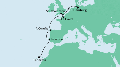 Routenverlauf für Von Hamburg nach Teneriffa 1 mit AIDAperla am 17.10.20 Routenverlauf für Von Hamburg nach Teneriffa 1 mit AIDAperla am 17.10.20