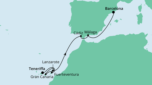 Routenverlauf für Von Teneriffa nach Barcelona mit AIDAperla am 31.03.21 Routenverlauf für Von Teneriffa nach Barcelona mit AIDAperla am 31.03.21