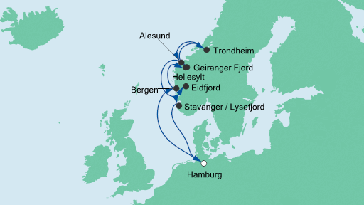 Routenverlauf für Norwegens Fjorde mit AIDAperla am 25.08.21