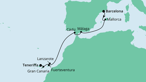 Routenverlauf für Von Barcelona nach Teneriffa mit AIDAperla am 29.10.21