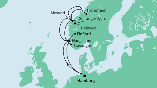 Routenverlauf für Norwegens Fjorde 2 mit AIDAperla am 05.10.22