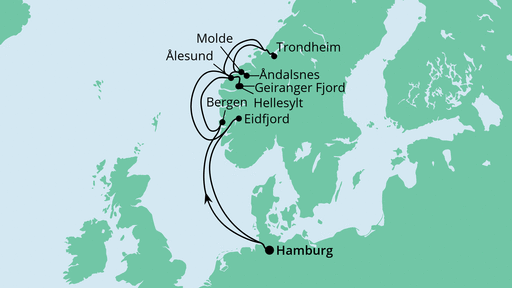 Routenverlauf für Norwegens Fjorde 2 mit AIDAperla am 10.09.23 Routenverlauf für Norwegens Fjorde 2 mit AIDAperla am 10.09.23