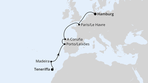 Routenverlauf für Von Teneriffa nach Hamburg mit AIDAperla am 14.04.24