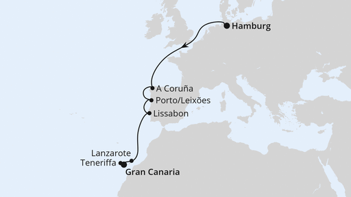 Routenverlauf für Von Hamburg nach Gran Canaria mit AIDAperla am 18.10.24 Routenverlauf für Von Hamburg nach Gran Canaria mit AIDAperla am 18.10.24
