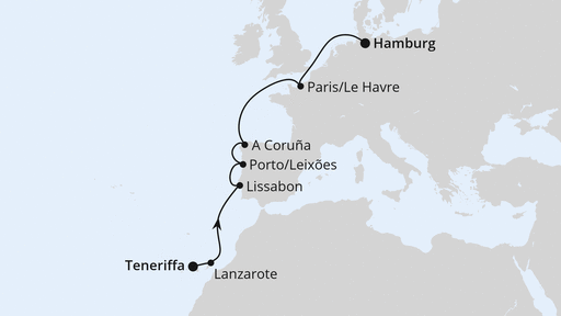Routenverlauf für Von Teneriffa nach Hamburg mit AIDAperla am 31.03.25