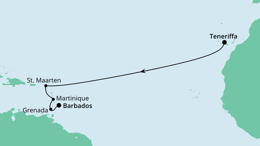 Routenverlauf für Von Teneriffa nach Barbados mit AIDAperla am 26.10.20 Routenverlauf für Von Teneriffa nach Barbados mit AIDAperla am 26.10.20