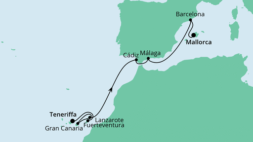 Routenverlauf für Von Teneriffa nach Mallorca mit AIDAperla am 31.03.21 Routenverlauf für Von Teneriffa nach Mallorca mit AIDAperla am 31.03.21
