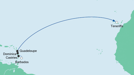 Routenverlauf für Von Barbados nach Teneriffa mit AIDAperla am 08.04.21
