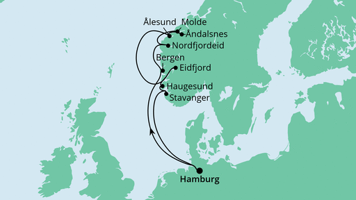 Routenverlauf für Norwegens Fjorde mit AIDAperla am 28.05.21 Routenverlauf für Norwegens Fjorde mit AIDAperla am 28.05.21