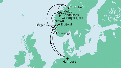 Routenverlauf für Norwegens Fjorde mit AIDAperla am 17.06.21