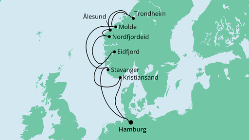Routenverlauf für Norwegens Fjorde mit AIDAperla am 27.06.21
