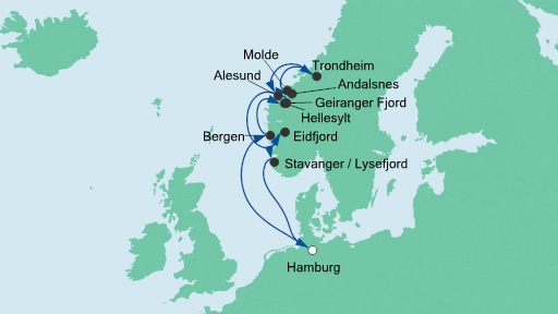 Routenverlauf für Norwegens Fjorde mit AIDAperla am 10.09.21 Routenverlauf für Norwegens Fjorde mit AIDAperla am 10.09.21