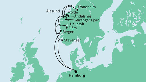 Routenverlauf für Norwegens Fjorde mit AIDAperla am 20.09.21