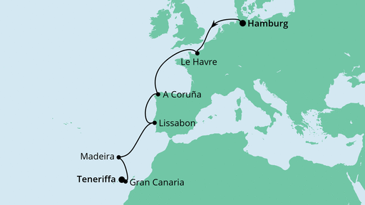 Routenverlauf für Von Hamburg nach Teneriffa mit AIDAperla am 15.10.21 Routenverlauf für Von Hamburg nach Teneriffa mit AIDAperla am 15.10.21