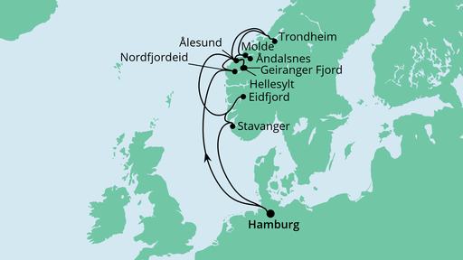 Routenverlauf für Norwegens Fjorde mit AIDAperla am 20.05.22