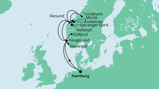 Routenverlauf für Norwegens Fjorde mit AIDAperla am 30.05.22 Routenverlauf für Norwegens Fjorde mit AIDAperla am 30.05.22