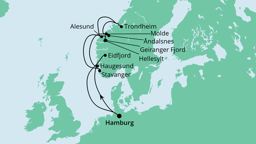 Routenverlauf für Norwegens Fjorde mit AIDAperla am 19.06.22 Routenverlauf für Norwegens Fjorde mit AIDAperla am 19.06.22