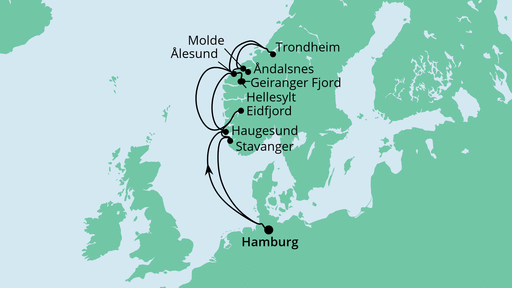Routenverlauf für Norwegens Fjorde mit AIDAperla am 08.07.22 Routenverlauf für Norwegens Fjorde mit AIDAperla am 08.07.22