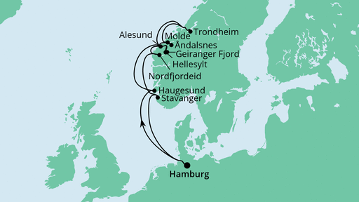 Routenverlauf für Norwegens Fjorde mit AIDAperla am 18.07.22 Routenverlauf für Norwegens Fjorde mit AIDAperla am 18.07.22
