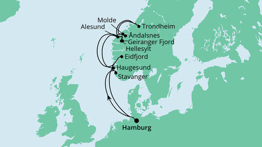 Routenverlauf für Norwegens Fjorde mit AIDAperla am 28.07.22 Routenverlauf für Norwegens Fjorde mit AIDAperla am 28.07.22