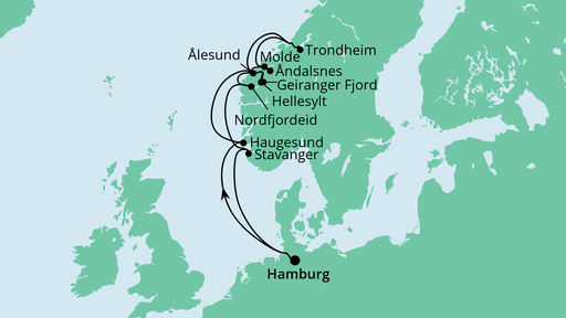 Routenverlauf für Norwegens Fjorde mit AIDAperla am 15.09.22
